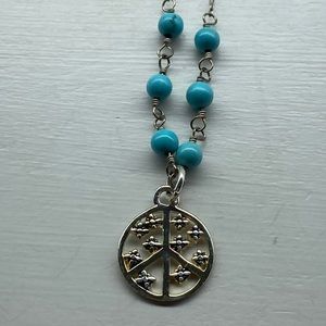 Sterling Silver Floral Peace Symbol Turquoise Bead Necklace